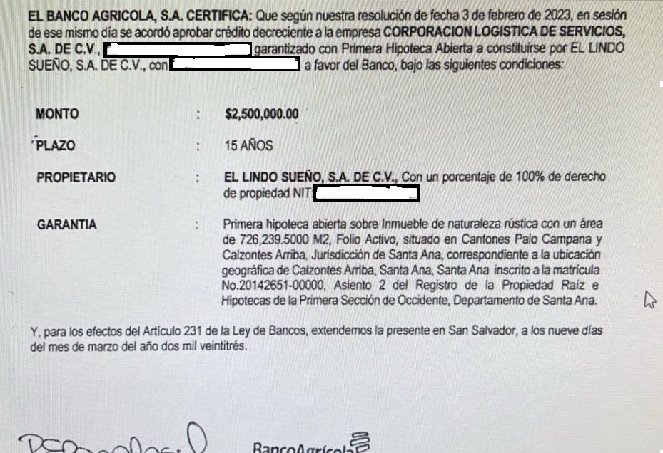 Anotación preventiva de una hipoteca que Corporación Logística de Servicios intentó obtener el 3 de febrero de 2023. El terreno era propiedad de El Lindo Sueño, que posteriormente fue rebautizado por el clan Bukele como Hacienda Dorada.