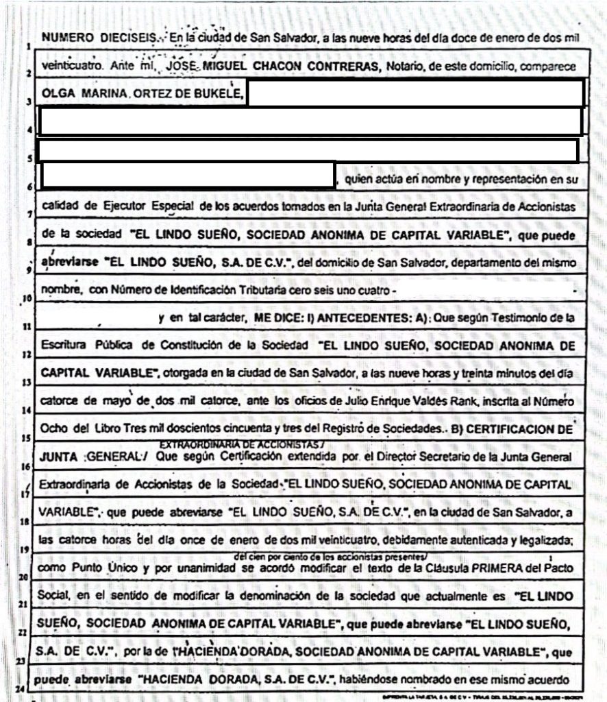 El 12 de enero de 2023, Olga Ortez de Bukele, actuando como ejecutor especial de acuerdos de junta extraordinaria de accionistas, cambió el nombre de la sociedad El Lindo Sueño a Hacienda Dorada. 