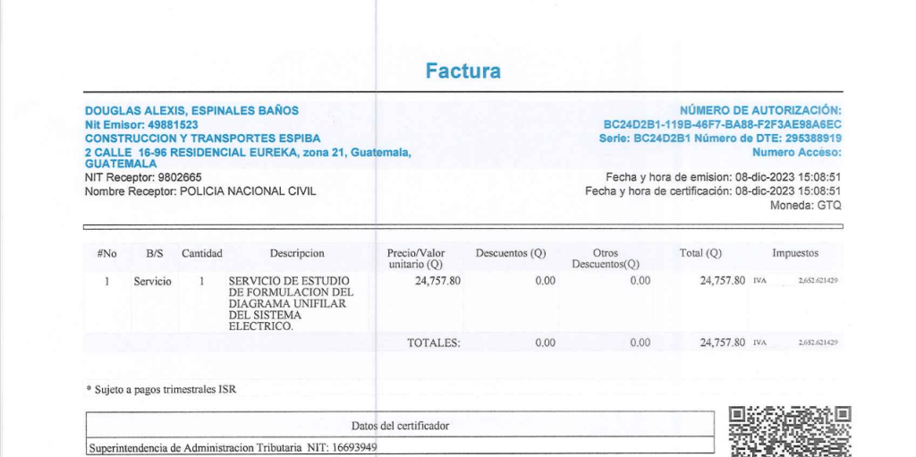 Factura de Alexis Espinales de Construcción y Transportes Espiba, empresa principal del caso Eureka B410