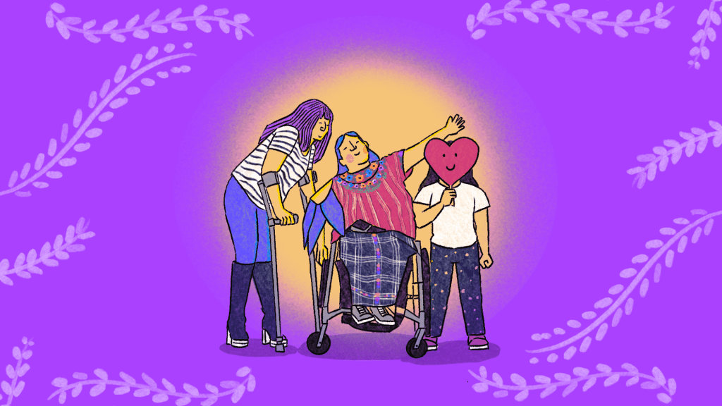 Ilustración sobre mujeres mayas con discapacidad, en silla de ruedas y muletas, en Guatemala. Por Diego Orellana.