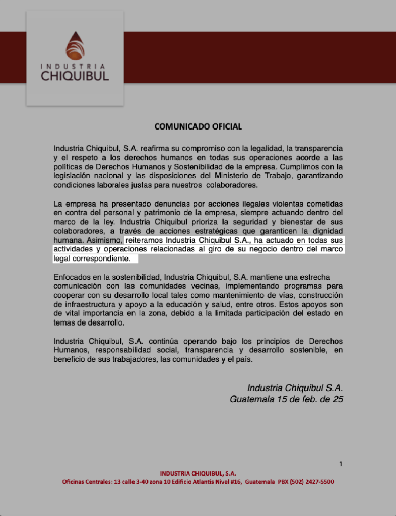 Comunicado de Industrias Chiquibul