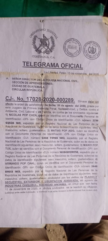 Telegrama que muestra cómo un juez cancela la orden de captura contra los criminalizados por Industrias Chiquibul. Foto: Cedida