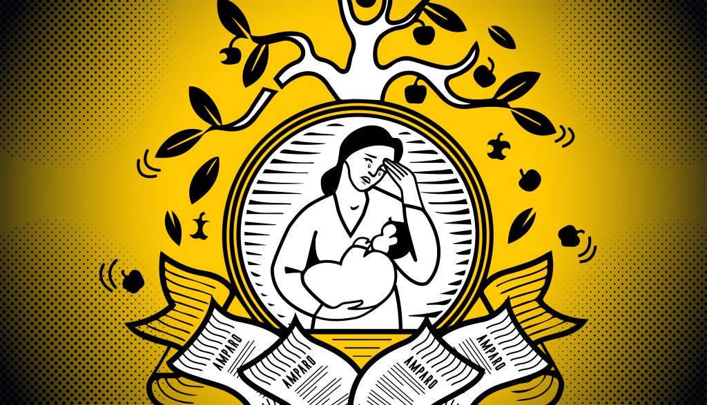 Ilustración sobre las mujeres y pacientes del IGSS que deben presentar amparos para acceder a tratamientos y cuidados esenciales debido a la falta de insumos y atención oportuna.