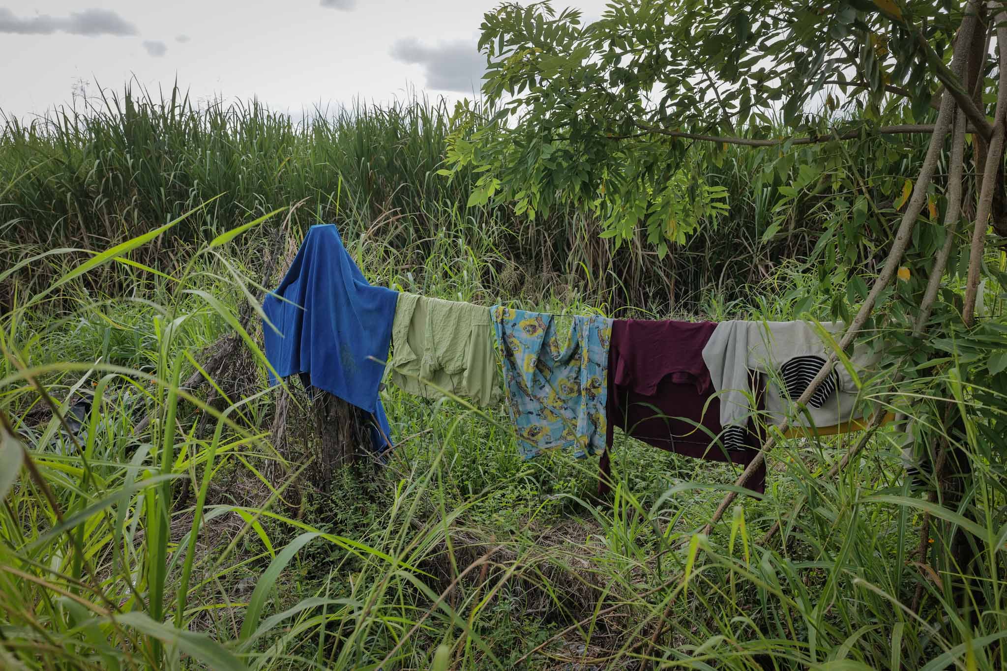 Algunas prendas de ropa tendidas a la orilla de la carretera que conduce hacia Retalhuleu, donde prevalecen plantaciones de caña de azúcar. Foto/Edwin Bercián